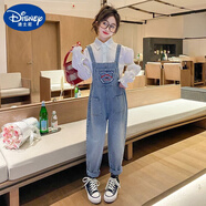 迪士尼大女童春秋季牛仔背帶褲套裝女孩兒童網(wǎng)紅時(shí)髦洋氣秋款潮衣服 愛(ài)心繡花背帶褲+拉牛津襯衫 140 cm