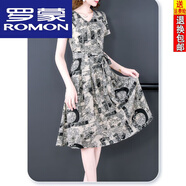羅蒙（ROMON）冰絲連衣裙25夏季新款系帶寬松收腰顯瘦中長(zhǎng)款女士短袖印花裙子 XL 建議115-125斤