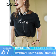 betu百圖女裝春裝新款寬松韓版卡通印花短袖T恤ins潮JD2102T08 黑色 XS