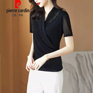 皮爾卡丹（pierre cardin）v領(lǐng)打底衫女士春秋2025新款中年媽|媽大版女裝修身顯瘦氣質(zhì)長(zhǎng)袖T 8029黑色【短袖】 M 建議90-105斤