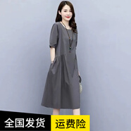 素訂棉麻連衣裙女2025春夏季新款寬松遮肚子顯瘦洋氣減齡薄款 灰色 [棉麻】 L 建議100-115斤