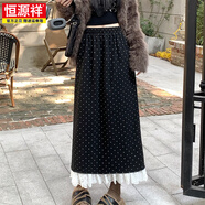 恒源祥秋冬新款波點加絨毛呢蕾絲花邊拼接半身裙女松緊腰a字直筒中長裙 黑色 M (95-115斤)