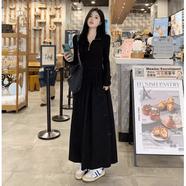園翌風(fēng)衣大衣內(nèi)搭連衣裙女秋冬款2025冬季黑色長袖長款長裙子套裝 黑色半拉鏈連衣裙 S