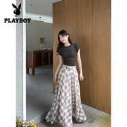 花花公子（PLAYBOY）純欲辣妹露腰系帶短袖T恤上衣格子半身裙女2025夏季新款時尚套裝 咖色格子半裙 S 建議80-100斤