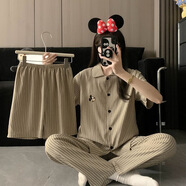 TULX睡衣女三件套夏季卡通短袖短褲長褲星星帕恰狗學生休閑家居服 條紋米奇【短袖+短褲+長褲】 S XL 120-140斤