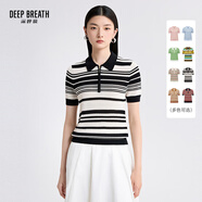 深呼吸DEEP BREATH女裝復古拉鏈Polo領拼色條紋天絲針織衫女A301201 黑領-黑白條 L (4)