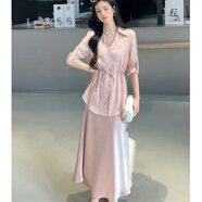 羅蒙綢緞連衣裙兩件套女歐洲站2025春夏新款遮肚顯瘦天絲收腰襯衫吊帶 香檳粉 套裝 L 建議110-140斤