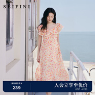 詩(shī)凡黎（'SEIFINI）【灼灼桃花】詩(shī)凡黎粉色碎花軟感荷葉邊吊帶裙娃娃領(lǐng)海邊度假裙女 粉色荷葉領(lǐng) M 160/84A