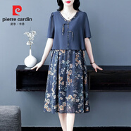 皮爾卡丹大碼女裝雪紡連衣裙夏季媽媽假兩件拼接寬松遮肚子氣質(zhì)顯瘦中長(cháng)裙 藍色 原版有口袋 XL 【100-125斤】