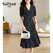 妤遇（YUUZYUUS）品牌女裝波點(diǎn)連衣裙女2025夏季新款收腰顯瘦V領(lǐng)氣質(zhì)復古中長(cháng)裙 黑色 M