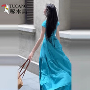 啄木鳥（TUCANO）海邊度假藍(lán)色掛脖吊帶連衣裙子女夏季新款無袖收腰大裙擺沙灘長(zhǎng)裙 【藍(lán)色版】 L 55/60kg