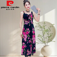 皮爾卡丹夏季新款顯瘦冰絲印花連衣裙大碼遮肚中長(cháng)款 粉百合【冰絲麻】 長(cháng)110CM XL 90-110斤
