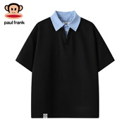 大嘴猴（paul frank）日系情侶款假兩件短袖polo衫男士夏季薄款休閑百搭小清新T恤翻領(lǐng) 黑色 【官方正品】 M 【建議95-110斤】