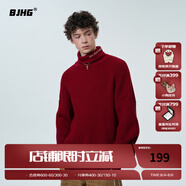 BJHG不計后果秋冬基礎款條紋高領(lǐng)毛衣男潮美式情侶寬松中性風(fēng)針織衫女 酒紅色 XL
