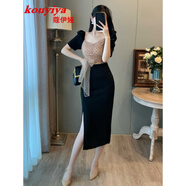 蔻伊婭（Kouyiya）品牌女裝新品復(fù)古拼接連衣裙女裝復(fù)古氣質(zhì)方領(lǐng)高腰修身短袖小黑裙 圖片色 L