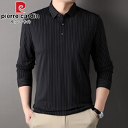 皮爾卡丹（pierre cardin）春秋季肌理紋褶皺無痕長袖T恤男豎條紋polo衫商務(wù)翻領(lǐng)休閑打底衫 黑色 M 165