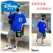 迪士尼男童夏裝套裝2025新款中大童帥氣夏季網(wǎng)紅炸街潮酷兒童裝短袖衣服 品牌1P字套裝藍色(上衣+褲子) 120 參考身高105-110cm