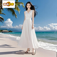 初徑2026新款白色領(lǐng)氣質(zhì)連衣裙海邊度假夏季無(wú)袖長(cháng)裙雪紡沙灘 白色 L 建議100-110斤