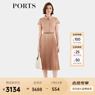 PORTS寶姿女裝春夏新款通勤襯衫領(lǐng)拼接百褶收腰短袖中長(cháng)連衣裙 珍珠粉 S (4)