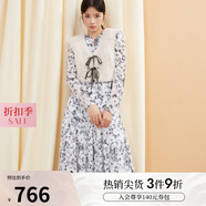 SNIDEL秋冬甜美淑女荷葉邊收腰百褶印花連衣裙SWFO244316 淺灰色 S （0）