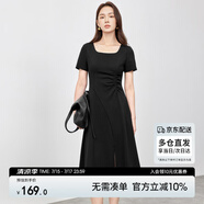 尚都比拉通勤A字連衣裙女夏季顯瘦小黑裙短袖中長裙 黑色152L59178  M