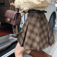 奧洛黛婭學(xué)院風(fēng)撞色格紋少女半身裙女秋冬年新款高腰A字裙百褶裙短裙 咖啡色不+皮帶 M 165