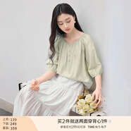 香影中袖襯衫女圓領(lǐng)2025夏裝新款慵懶泡泡袖氣質(zhì)淑女寬松藍(lán)色上衣 淺綠 XL 170/92A/125-140斤