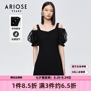 艾諾絲雅詩(shī)【商場(chǎng)同款】夏新珍珠網(wǎng)紗泡泡袖短袖小清新小黑裙連衣裙10429006 黑色 L