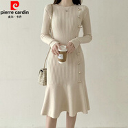 皮爾卡丹氣質(zhì)魚尾針織連衣裙收腰顯瘦女2025年新款春秋新款裙子純色淑女裙 杏色 L 建議110-120斤