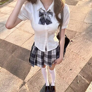 織姬jk制服收腰襯衫女上衣短袖春夏學(xué)院風(fēng)修身顯瘦白色襯衣辣妹套裝女 白色短袖+刀格裙+領(lǐng)結(jié) L