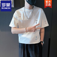 羅蒙（ROMON）夏季寬松T恤男潮流短袖2025新款男裝上衣夏裝衣服ins潮牌刺繡半袖 8043白色 主圖款 2XL 建180議斤內(nèi)