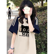 心楠美式復古三條杠插肩短袖t恤女大童夏季初中高中學生寬松半袖上衣 杏拼藏青美式復古短袖M120斤以內(nèi)
