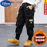 迪士尼（DISNEY）童裝牛仔褲秋冬款加絨中大童牛仔工裝褲休閑寬松帥氣男童褲子 冬款加絨牛仔工裝褲 160