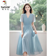 啄木鳥今年流行漂亮簡(jiǎn)單大方長(zhǎng)裙高級(jí)感淑女氣質(zhì)藍(lán)色雪紡v領(lǐng)連衣裙女夏 連衣裙 M 建議90-100斤