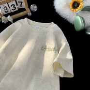 以純 YISHION冰絲t恤男式短袖夏季薄款美式復古潮牌刺繡青少年半袖體恤衫 杏色 M 90~120斤可穿4.14