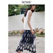 束皙雀尾雕孔繡法式寬松V領(lǐng)襯衫上衣半裙套裝女 青花瓷-半身裙 XS