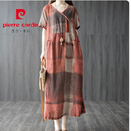 皮爾卡丹（PIERRE CARDIN）文藝大碼女裝夏季棉麻短袖連衣裙寬松V領(lǐng)洋氣拼接中長(cháng)款亞麻裙子 紅色 2XL 【155-170斤】