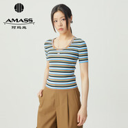 阿瑪施（AMASS）亮色條紋圓領(lǐng)修身針織衫短袖上衣女5399759 綠咖條紋 M （3碼）