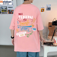 美羅邦（Meloban）潮流寬松純棉短袖T恤男夏季美式街頭嘻哈2025新款港風半袖體恤衫t 粉紅色(重磅純棉) M 建議【80-105】斤