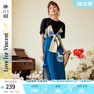 兩三事藍(lán)色背帶裙女秋季新款開(kāi)叉顯瘦半身裙復(fù)古印花裙子親自征戰(zhàn) 藍(lán)色 M