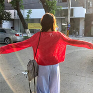 妙奕嘉開(kāi)衫外套女輕薄款針織衫搭吊帶長(cháng)袖上衣夏季配裙子外搭防曬空調衫 蝴蝶結刺繡針織開(kāi)衫【紅色】 均碼 （建議80-115斤）