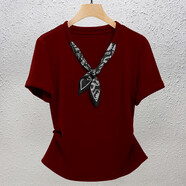 修嫻（soossn）絲巾短袖T恤女2025年夏季新款寶藍小衫歐洲站大碼顯瘦女裝上衣 車(chē)厘子紅 XL