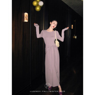 鷺青一原創(chuàng  )【映簾】莫代爾棉針織連衣裙女秋極簡(jiǎn)圓領(lǐng)修身綁帶長(cháng)裙 紫色 M