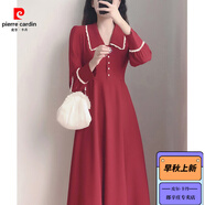 皮爾卡丹（pierre cardin）春裝新款復(fù)古簡約氣質(zhì)溫柔少女長裙紅色訂婚禮服感修身連衣裙 酒紅色 XS 現(xiàn)貨