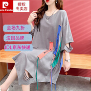 皮爾卡丹（pierre cardin）歐美個(gè)性破洞短袖t恤女中長款胖mm大碼炸街夏裝中長款復(fù)古上衣潮 灰色 M