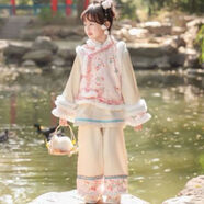 格素凡漢服女童冬款加厚加絨套裝兒童2025改良格格旗袍褲子小女孩拜年 粉色三件套 100