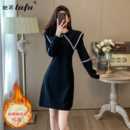 她芙（tafu）品牌女裝法式連衣裙女2025春秋新款小個(gè)子赫本風(fēng)收腰顯瘦長(cháng)袖裙子 黑色加絨 M 【建議100斤-110斤】