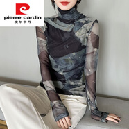 皮爾卡丹（pierre cardin）歐貨網(wǎng)紗水墨復(fù)古印花打底衫女春秋新款修身百搭洋氣長袖T恤上衣 9260# 高領(lǐng) L 建議98-110斤