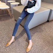 隱形都市韓國破洞牛仔褲女夏秋2025年新款高腰顯瘦緊身彈力九分鉛筆小腳褲 藍色九分褲 S 建議80-95斤