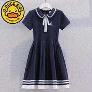 G.DUCKKIDS女童學(xué)院風(fēng)連衣裙夏季2024新款洋氣5-15女孩薄款兒童夏裝短袖裙子 寶藍(lán) 130 cm身高121-130cm7-8歲